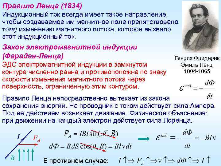 Правило Ленца (1834) Индукционный ток всегда имеет такое направление, чтобы создаваемое им магнитное поле