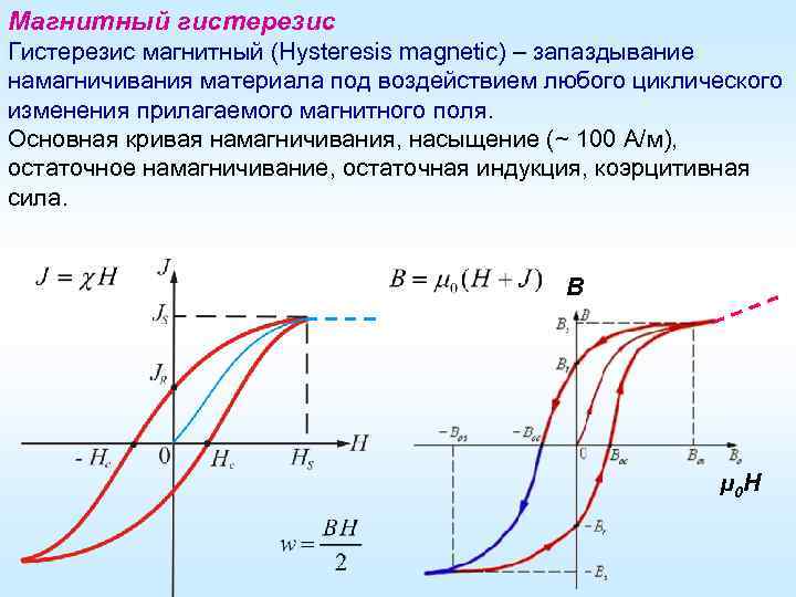 Магнитный гистерезис Гистерезис магнитный (Hysteresis magnetic) – запаздывание намагничивания материала под воздействием любого циклического