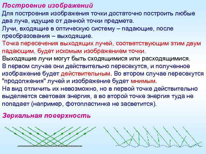 Построение изображений Для построения изображения точки достаточно построить любые два луча, идущие от данной