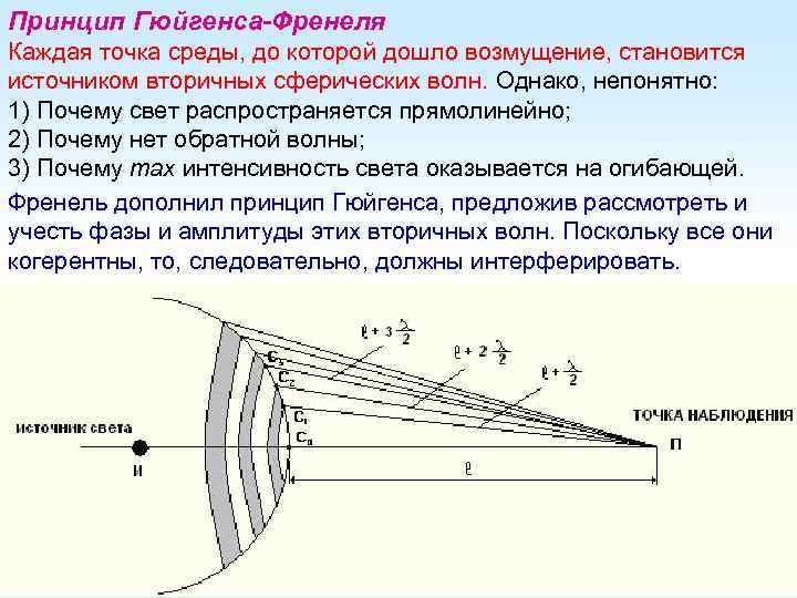 Принцип Гюйгенса-Френеля Каждая точка среды, до которой дошло возмущение, становится источником вторичных сферических волн.