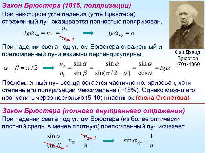 Закон Брюстера (1815, поляризации) При некотором угле падения (угле Брюстера) отраженный луч оказывается полностью