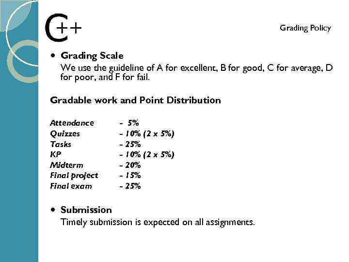 Grading Policy Grading Scale We use the guideline of A for excellent, B for