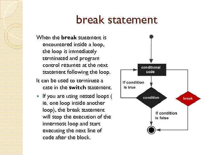 break statement When the break statement is encountered inside a loop, the loop is