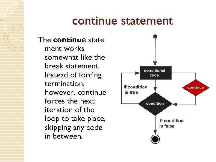 continue statement The continue state ment works somewhat like the break statement. Instead of