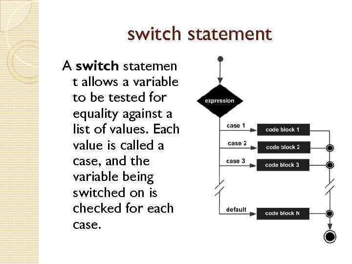 switch statement A switch statemen t allows a variable to be tested for equality