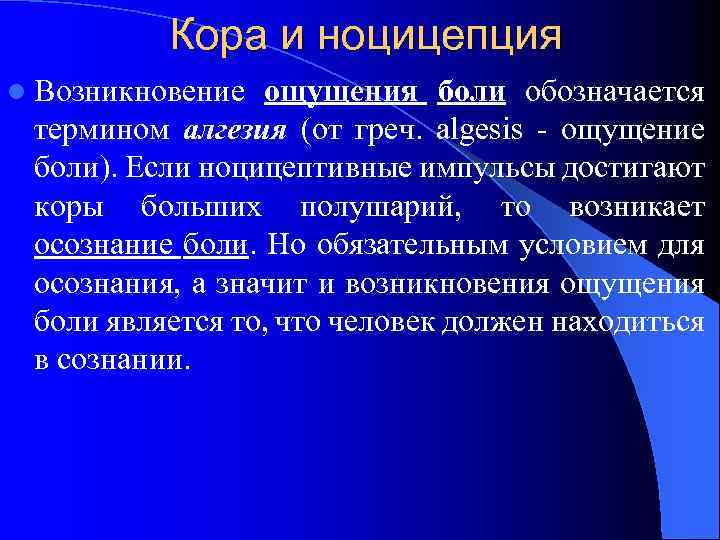 Кора и ноцицепция l Возникновение ощущения боли обозначается термином алгезия (от греч. algesis -