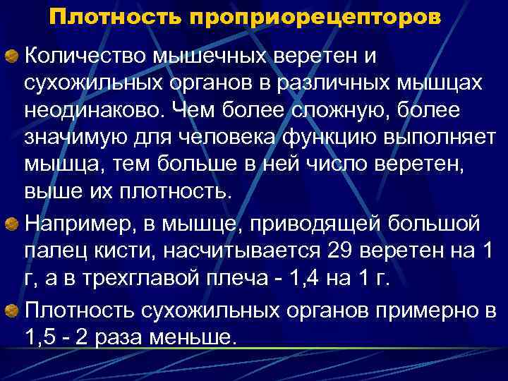 Плотность проприорецепторов Количество мышечных веретен и сухожильных органов в различных мышцах неодинаково. Чем более