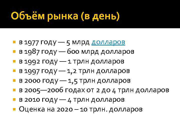 Объём рынка (в день) в 1977 году — 5 млрд долларов в 1987 году