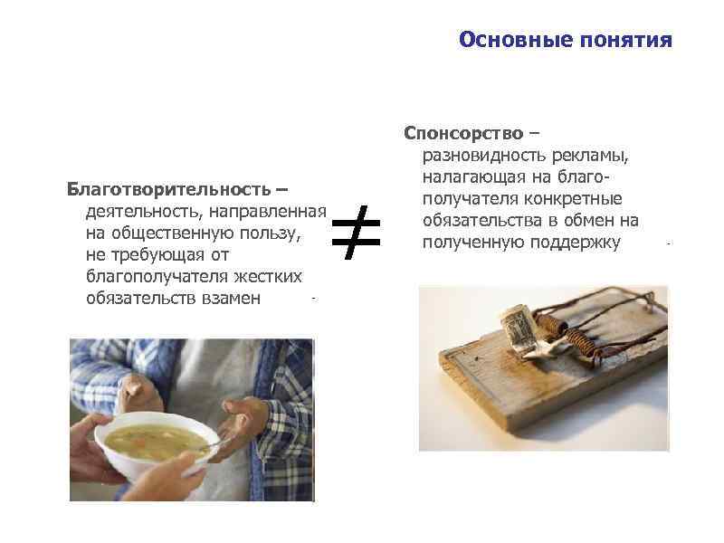 Основные понятия ≠ Благотворительность – деятельность, направленная на общественную пользу, не требующая от благополучателя