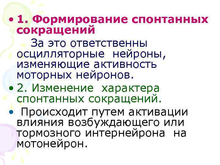  • 1. Формирование спонтанных сокращений За это ответственны осцилляторные нейроны, изменяющие активность моторных