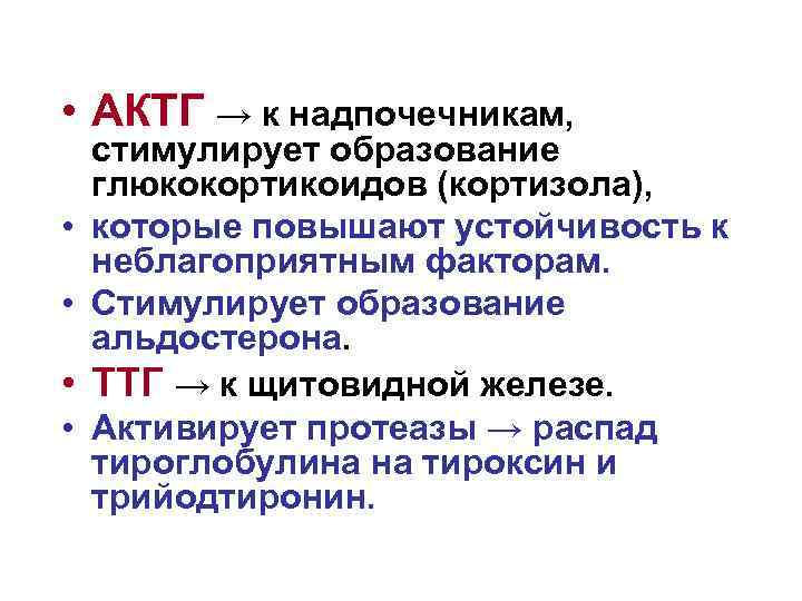  • АКТГ → к надпочечникам, • • стимулирует образование глюкокортикоидов (кортизола), которые повышают