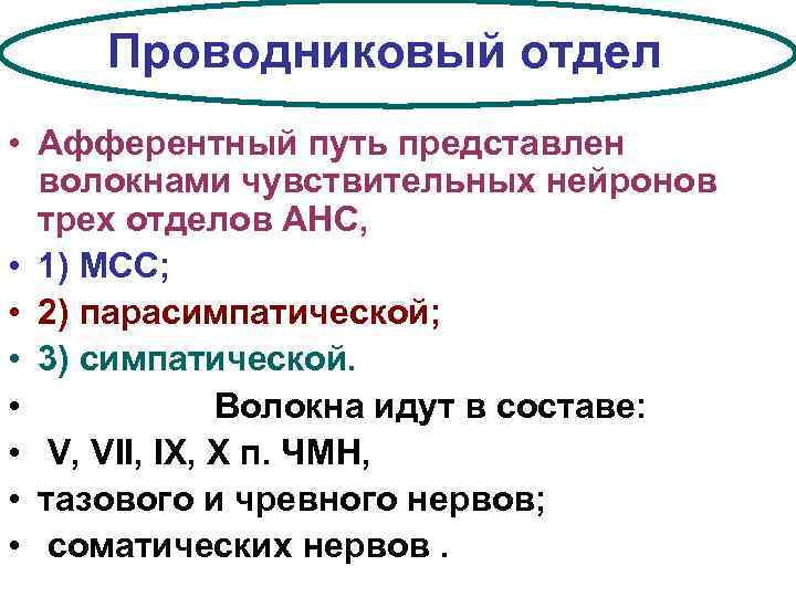 Проводниковый отдел • Афферентный путь представлен волокнами чувствительных нейронов трех отделов АНС, • 1)