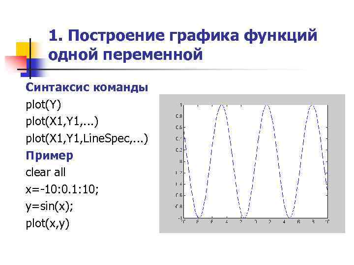 1. Построение графика функций одной переменной Синтаксис команды plot(Y) plot(X 1, Y 1, .