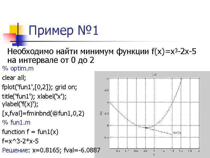Пример № 1 Необходимо найти минимум функции f(x)=x 3 -2 x-5 на интервале от