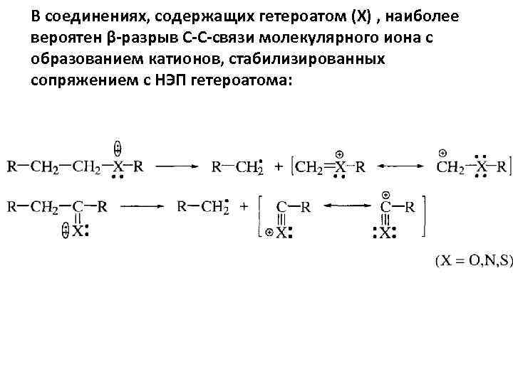 В соединениях, содержащих гетероатом (Х) , наиболее вероятен β-разрыв С-С-связи молекулярного иона с образованием
