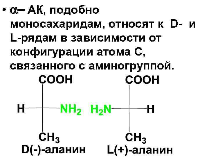  • - АК, подобно моносахаридам, относят к D- и L-рядам в зависимости от