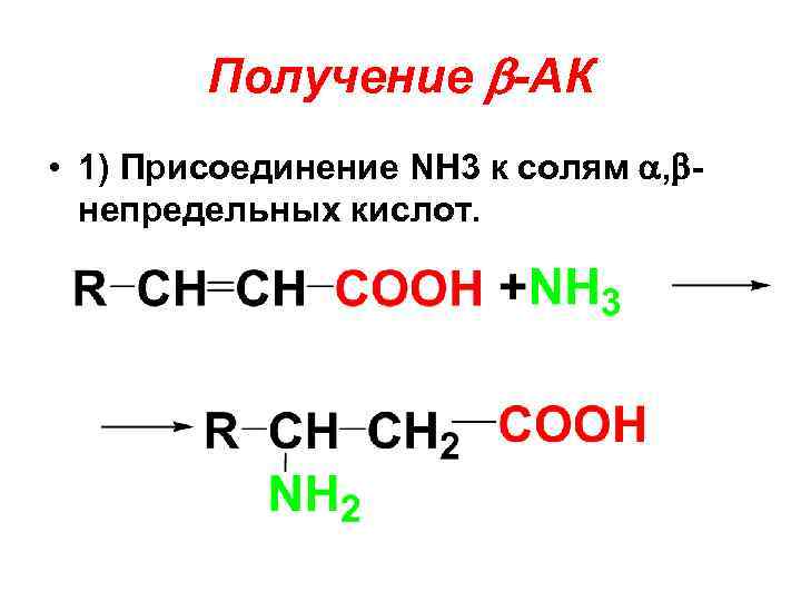 Получение -АК • 1) Присоединение NH 3 к солям , непредельных кислот. 