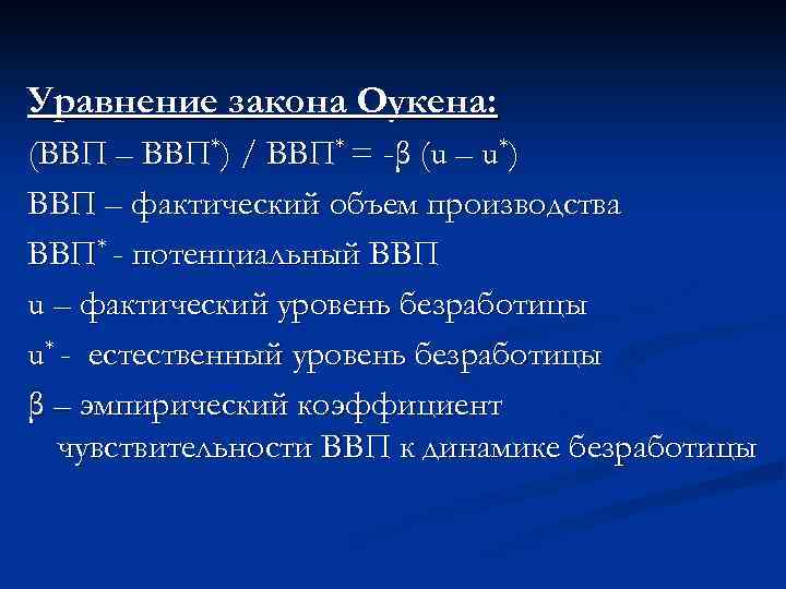 Уравнение закона Оукена: (ВВП – ВВП*) / ВВП* = -β (u – u*) ВВП