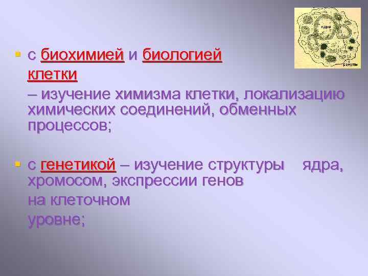 § с биохимией и биологией клетки – изучение химизма клетки, локализацию химических соединений, обменных