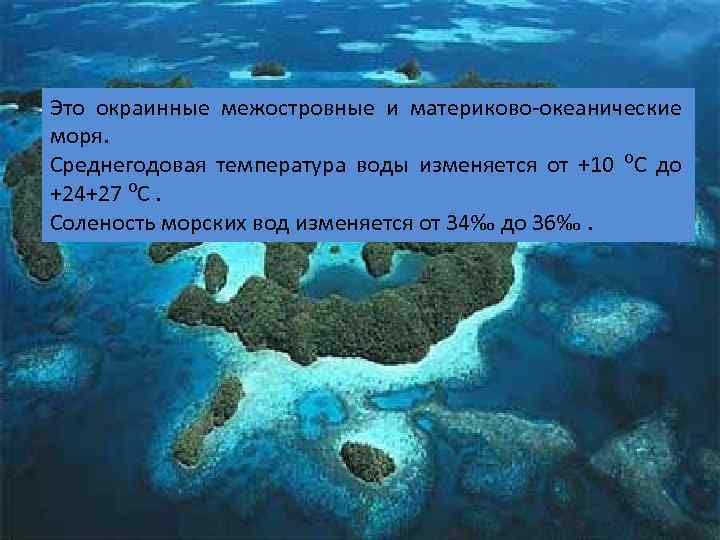 Это окраинные межостровные и материково-океанические моря. Среднегодовая температура воды изменяется от +10 ⁰С до