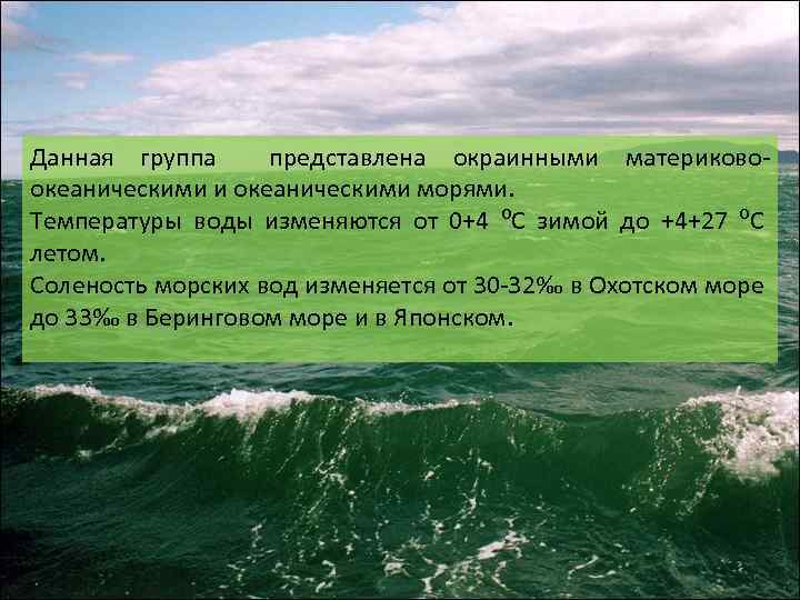 Данная группа представлена окраинными материковоокеаническими и океаническими морями. Температуры воды изменяются от 0+4 ⁰С