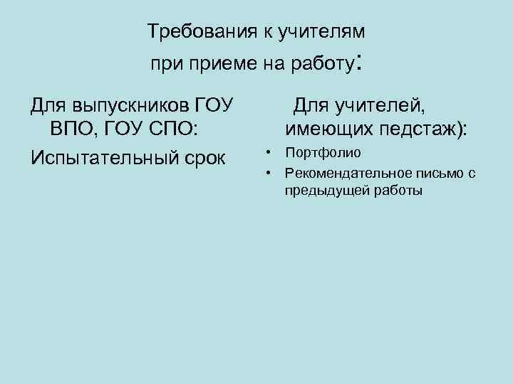 Требования к учителям приеме на работу: Для выпускников ГОУ ВПО, ГОУ СПО: Испытательный срок