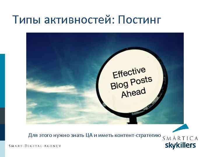 Типы активностей: Постинг Для этого нужно знать ЦА и иметь контент-стратегию 