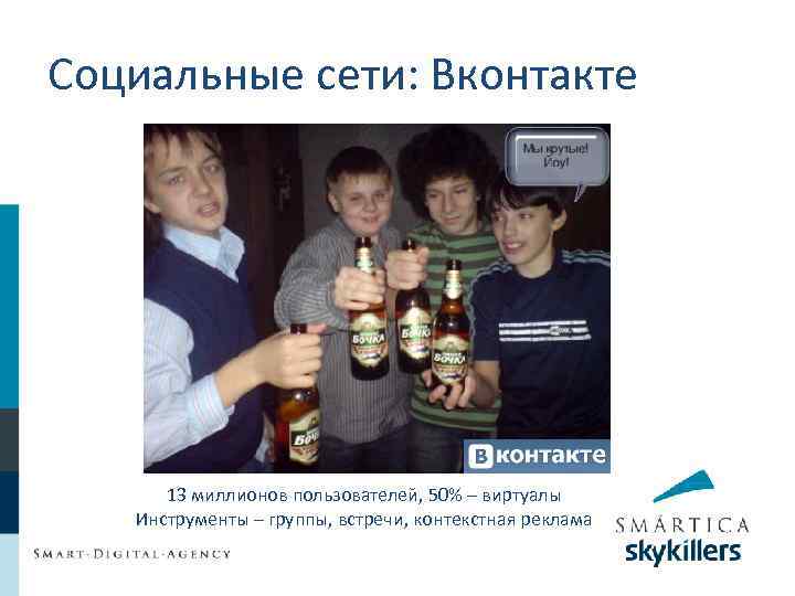 Социальные сети: Вконтакте 13 миллионов пользователей, 50% – виртуалы Инструменты – группы, встречи, контекстная