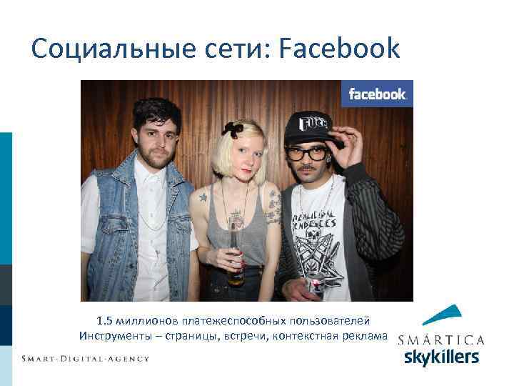 Социальные сети: Facebook 1. 5 миллионов платежеспособных пользователей Инструменты – страницы, встречи, контекстная реклама