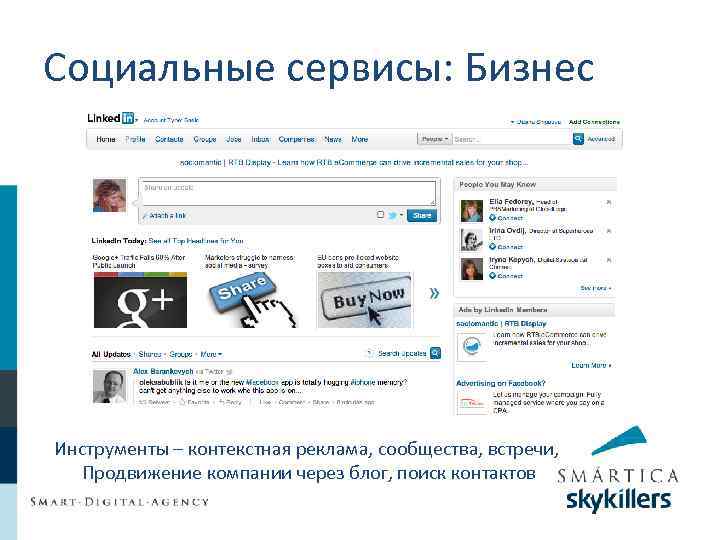 Социальные сервисы: Бизнес Инструменты – контекстная реклама, сообщества, встречи, Продвижение компании через блог, поиск