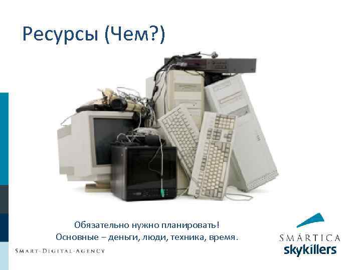 Ресурсы (Чем? ) Обязательно нужно планировать! Основные – деньги, люди, техника, время. 