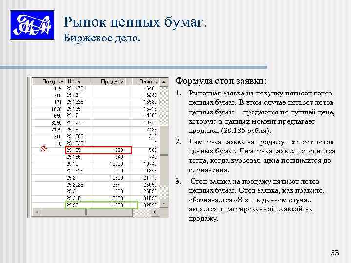 Рынок ценных бумаг. Биржевое дело. Формула стоп заявки: St 1. Рыночная заявка на покупку