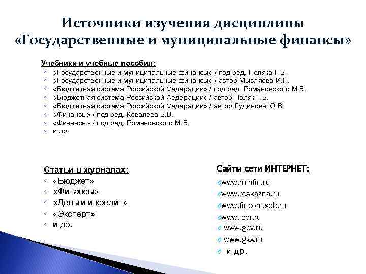 Источники изучения дисциплины «Государственные и муниципальные финансы» Учебники и учебные пособия: ◦ «Государственные и