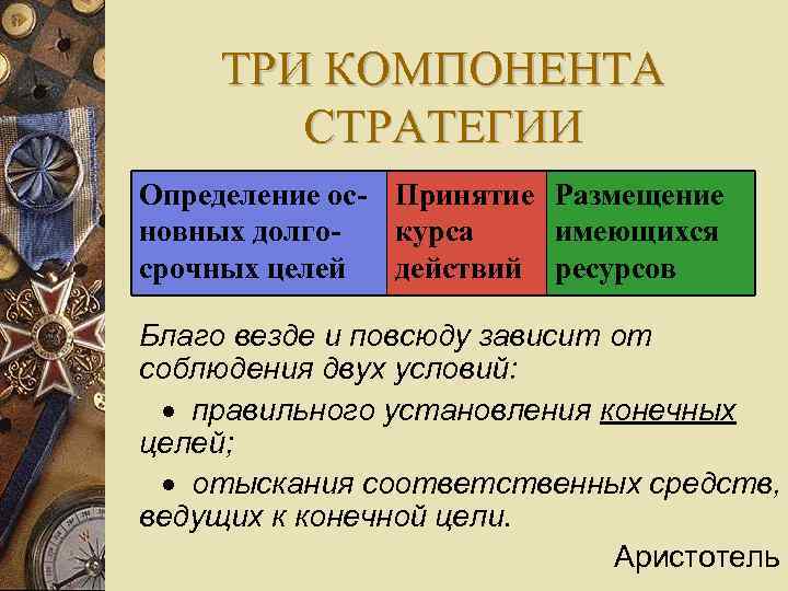 Три компонента. Три компонента стратегии. Благо везде и повсюду зависит от соблюдения двух условий. Благо везде и повсюду зависит от соблюдения двух.