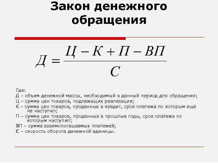 Закон денежного обращения Где: Д – объем денежной массы, необходимый в данный период для