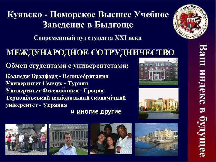 МЕЖДУНАРОДНОЕ СОТРУДНИЧЕСТВО Обмен студентами с университетами: Колледж Брэдфорд - Великобритания Университет Селчук - Турция