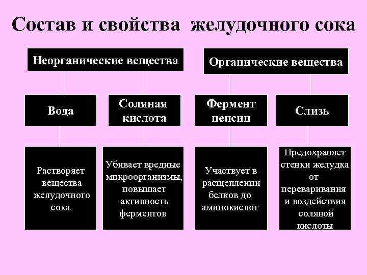 Вещества желудка. Состав и свойста желудочного сок. Функции компонентов желудочного сока. Состав и свойства желудочного сока физиология кратко. Компоненты желудочного сока таблица.