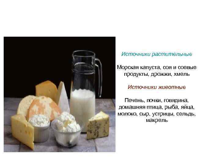 Источники растительные Морская капуста, соя и соевые продукты, дрожжи, хмель Источники животные Печень, почки,