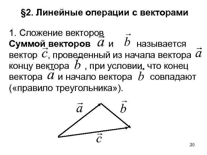 § 2. Линейные операции c векторами 1. Сложение векторов Суммой векторов и называется вектор