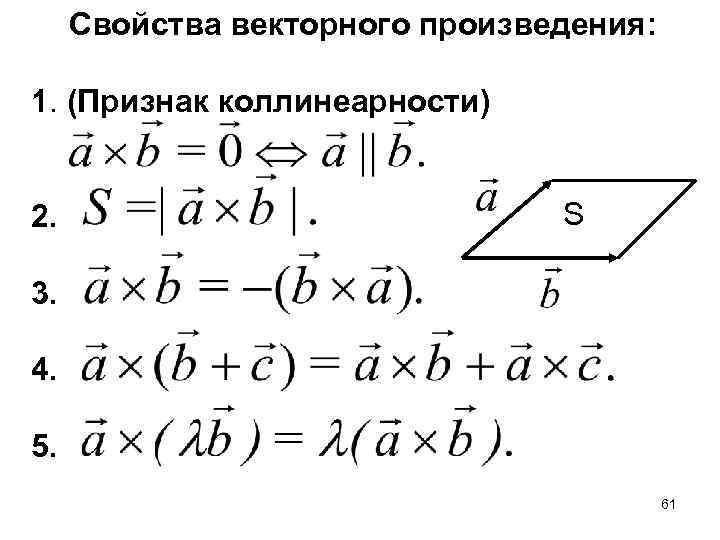 Свойства векторного произведения: 1. (Признак коллинеарности) 2. S 3. 4. 5. 61 
