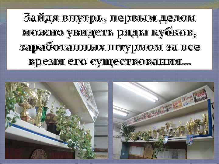 Зайдя внутрь, первым делом можно увидеть ряды кубков, заработанных штурмом за все время его