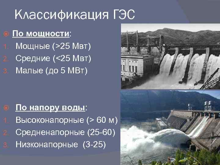 ГЭС малые (до 5 МВТ);. Классификация ГЭС. Мощные средние малые ГЭС.