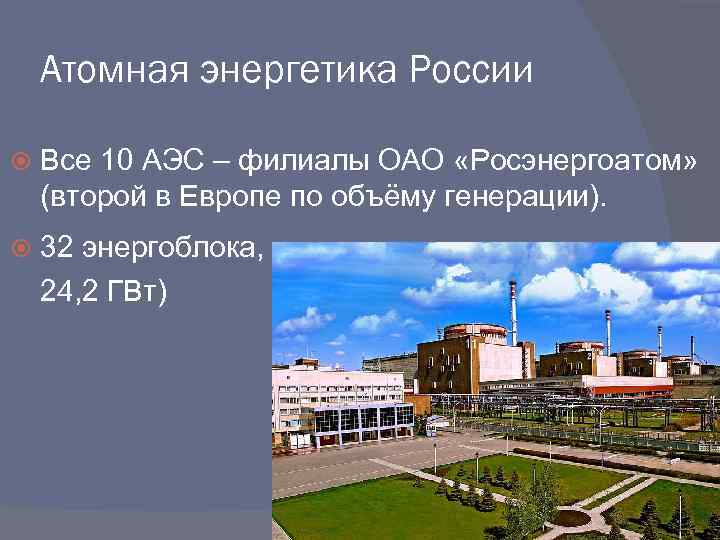 Атомная энергетика России Все 10 АЭС – филиалы ОАО «Росэнергоатом» (второй в Европе по