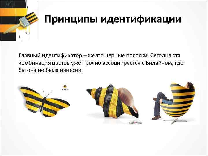 Принципы идентификации Главный идентификатор – желто-черные полоски. Сегодня эта комбинация цветов уже прочно ассоциируется