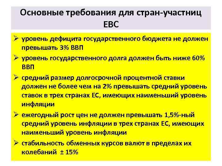 Основные требования для стран участниц ЕВС Ø уровень дефицита государственного бюджета не должен превышать