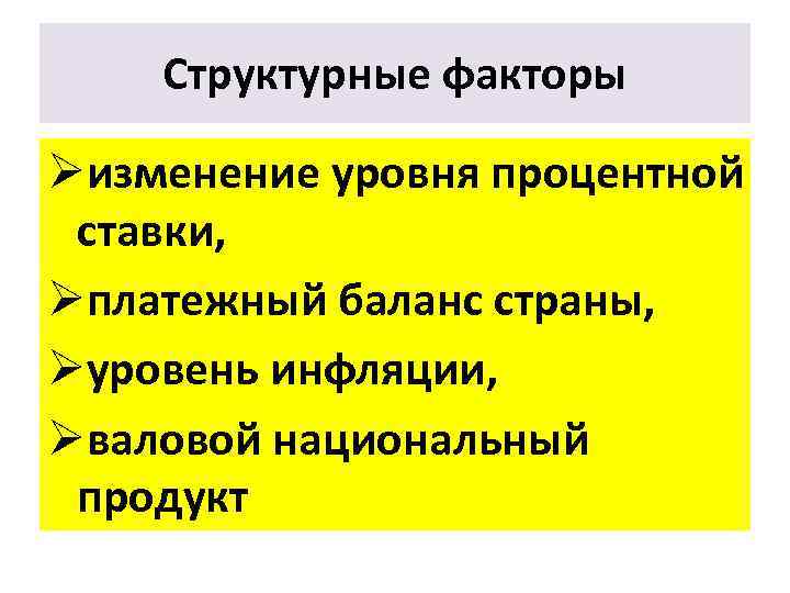 Структурные факторы Øизменение уровня процентной ставки, Øплатежный баланс страны, Øуровень инфляции, Øваловой национальный продукт