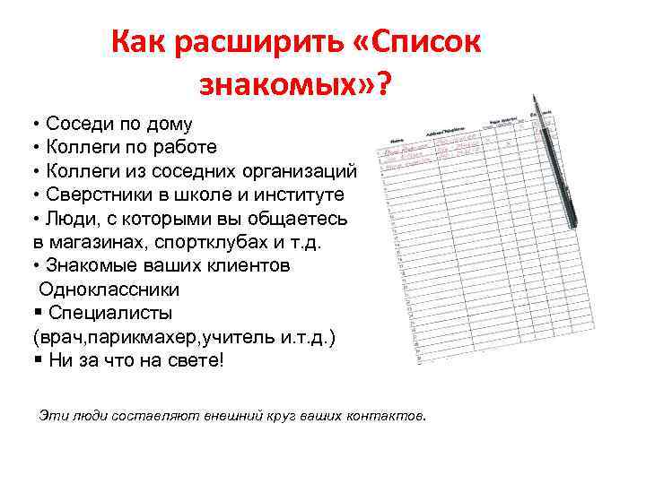 Как расширить «Список знакомых» ? • Соседи по дому • Коллеги по работе •