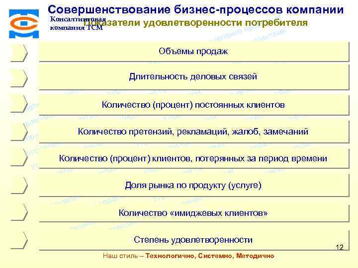 Совершенствование бизнес-процессов компании Консалтинговая ми Показатели удовлетворенности потребителя екта компания ТСМ про и е