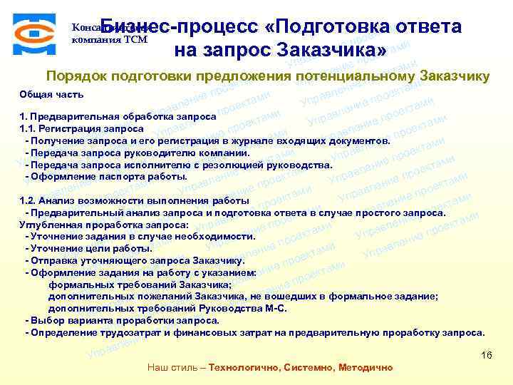 ми Бизнес-процесс «Подготовка ответа екта о е пр ени на запрос Заказчика» тами ек