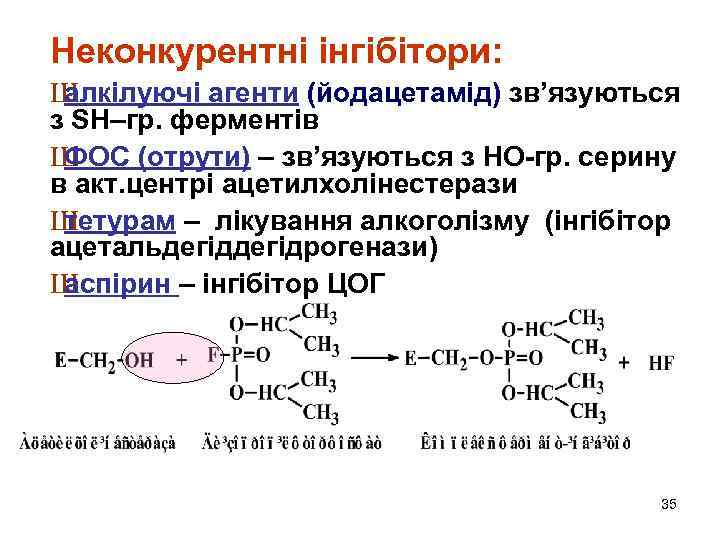 Неконкурентні інгібітори: Ш алкілуючі агенти (йодацетамід) зв’язуються з SН–гр. ферментів Ш ФОС (отрути) –